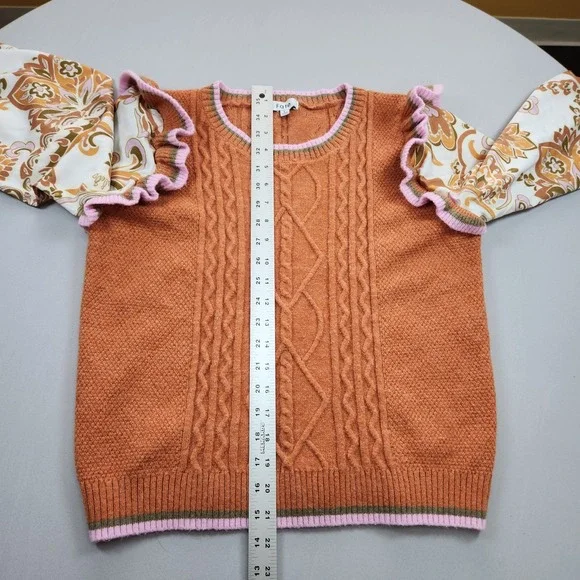 Fate Floral Sweater Top Womens Large Rust Woven Contrast Ruffle Sleeve Romantic - Picture 4 of 6